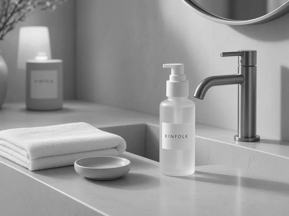 A frosted Kinfolk pump bottle on a stone sink beside a folded towel in evening light