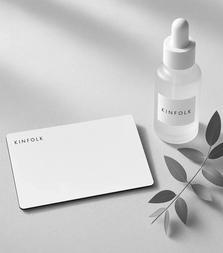 White Kinfolk gift card on linen beside a frosted face oil bottle and a sprig of eucalyptus