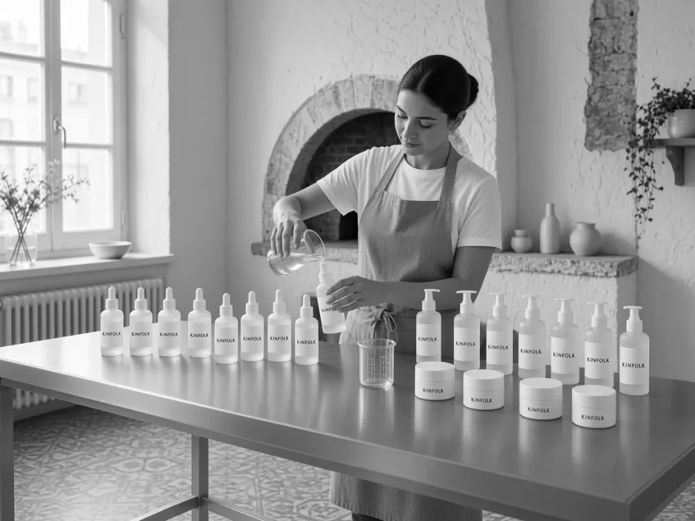 A maker in a linen apron filling Kinfolk bottles by hand at a steel table in the studio