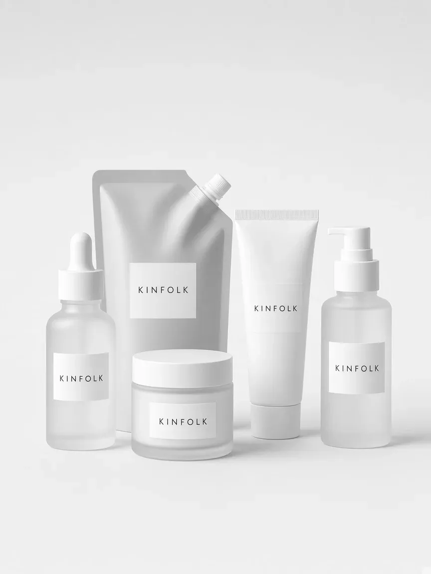 The Kinfolk range: a dropper, a pump bottle, a jar, a tube, a tonic bottle and an aluminium refill pouch, all with white labels