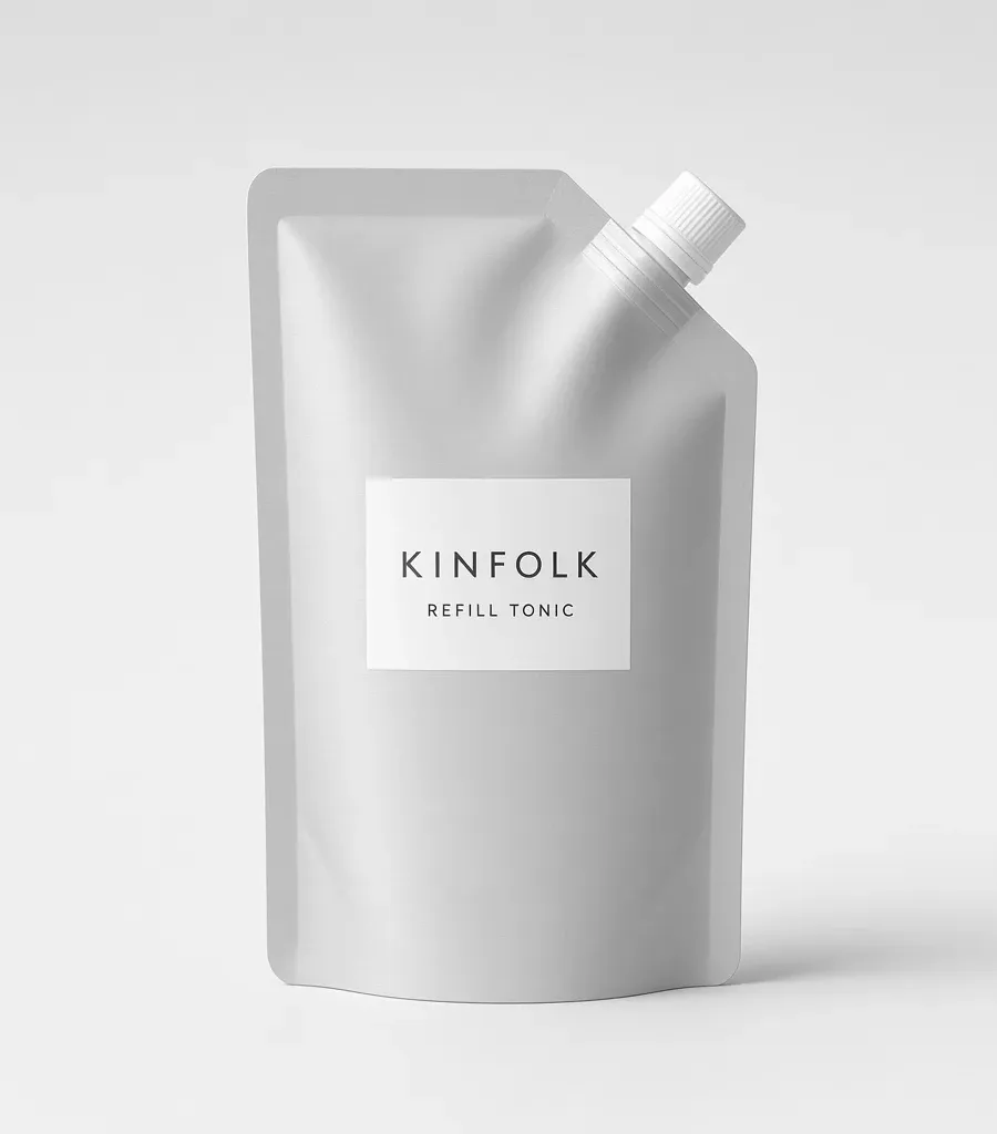 Aluminium refill pouch with a white spout and a label reading Kinfolk refill tonic