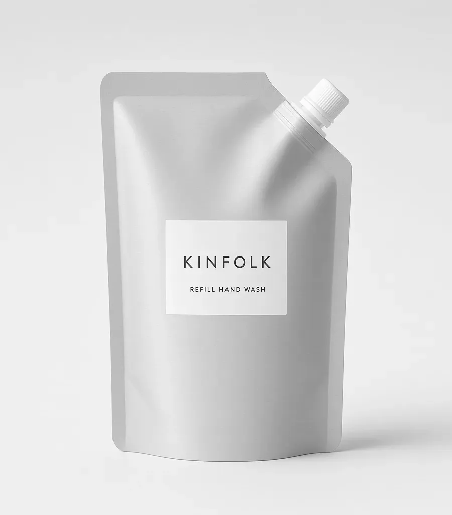 Aluminium refill pouch with a white spout and a label reading Kinfolk refill hand wash