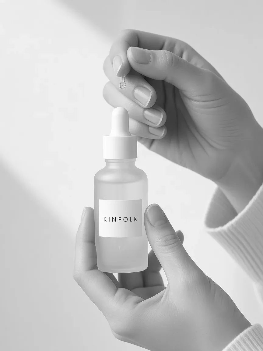 Hands holding a frosted Kinfolk face oil bottle with a drop on one fingertip