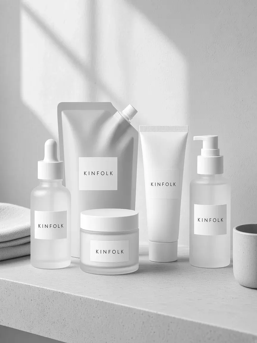 Kinfolk bottles, a jar, a tube and a refill pouch on a stone bathroom shelf