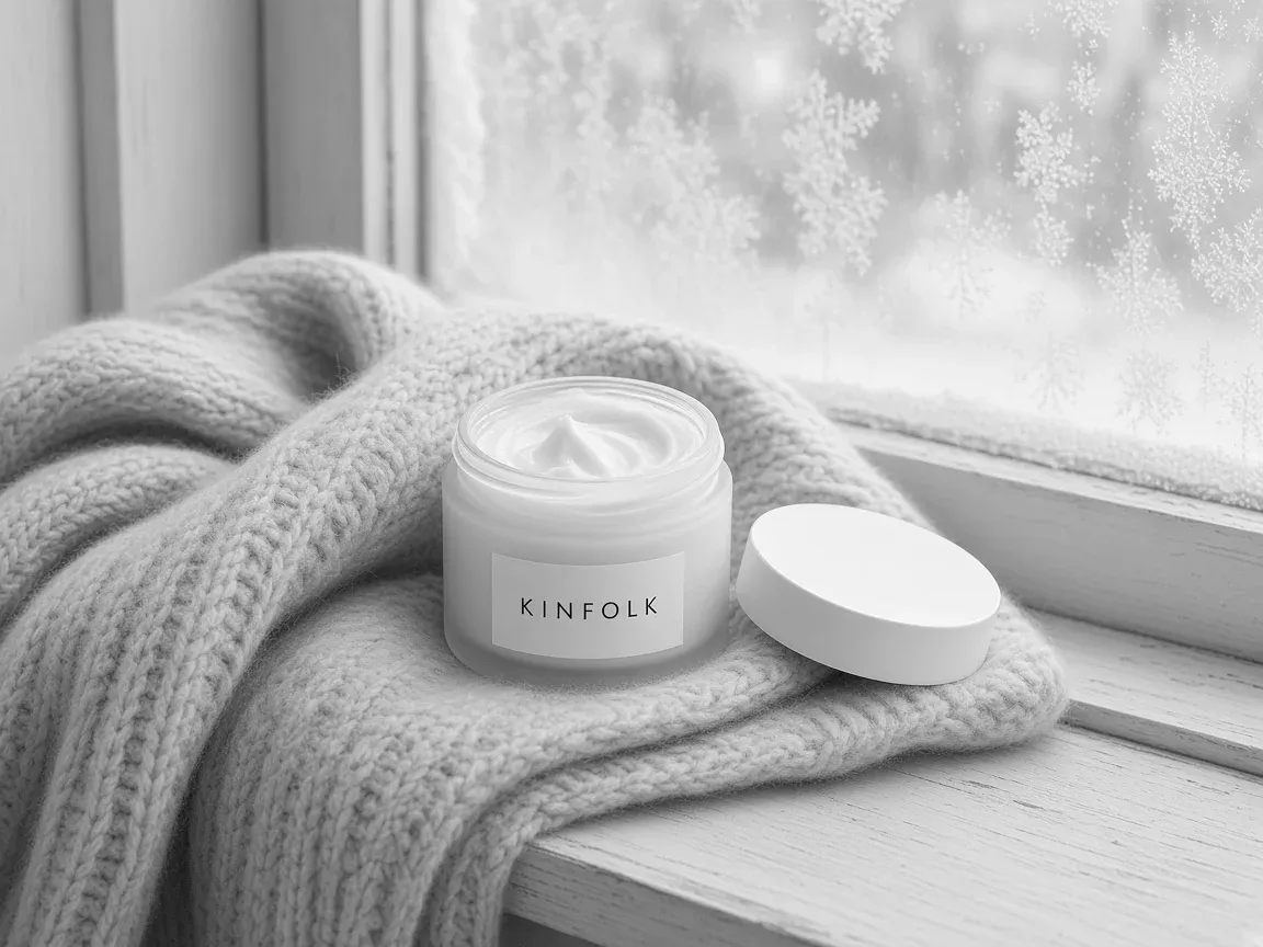 An open jar of Kinfolk body balm on a knit scarf by a frosted winter window