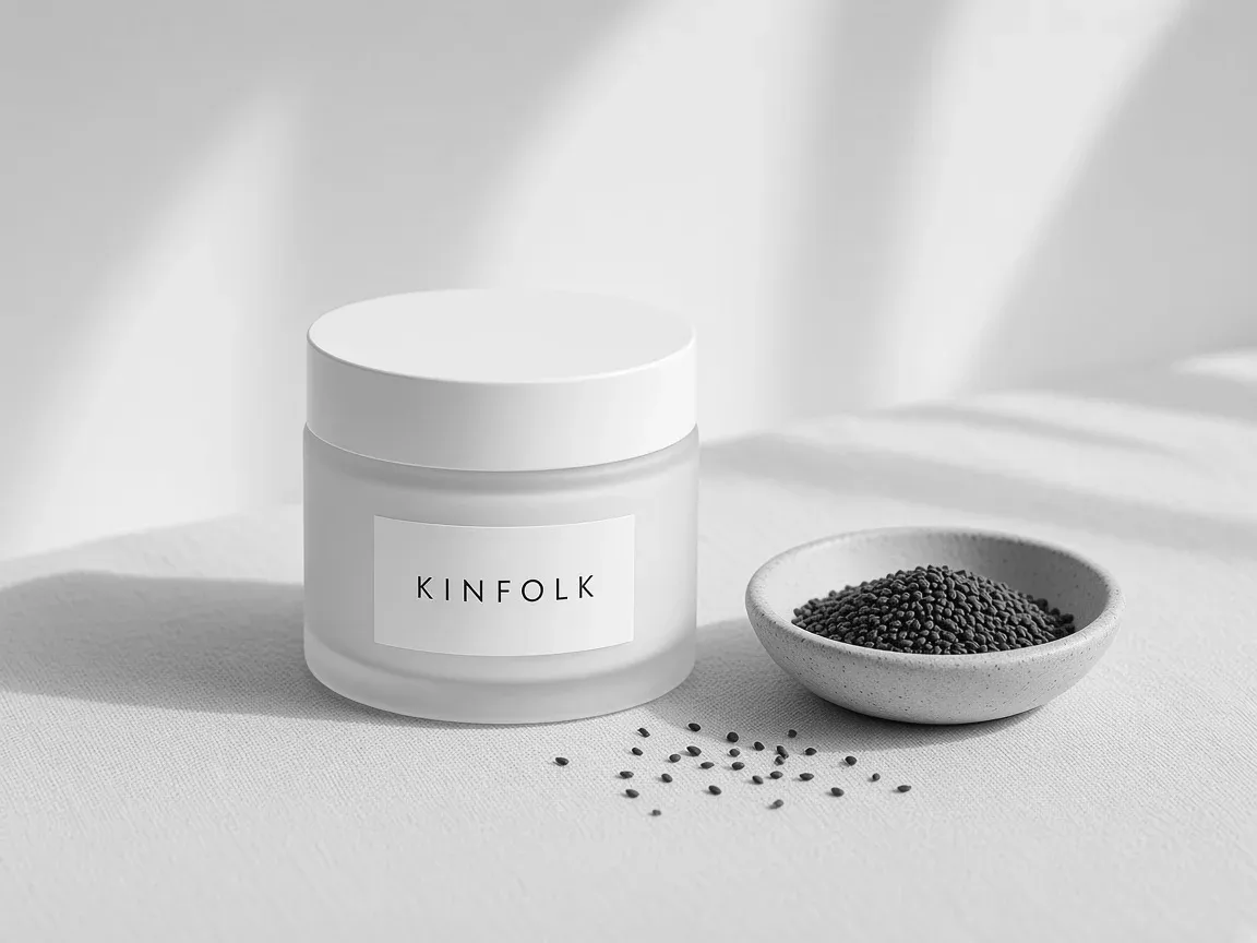 A Kinfolk cream jar beside a ceramic dish of small dark babchi seeds