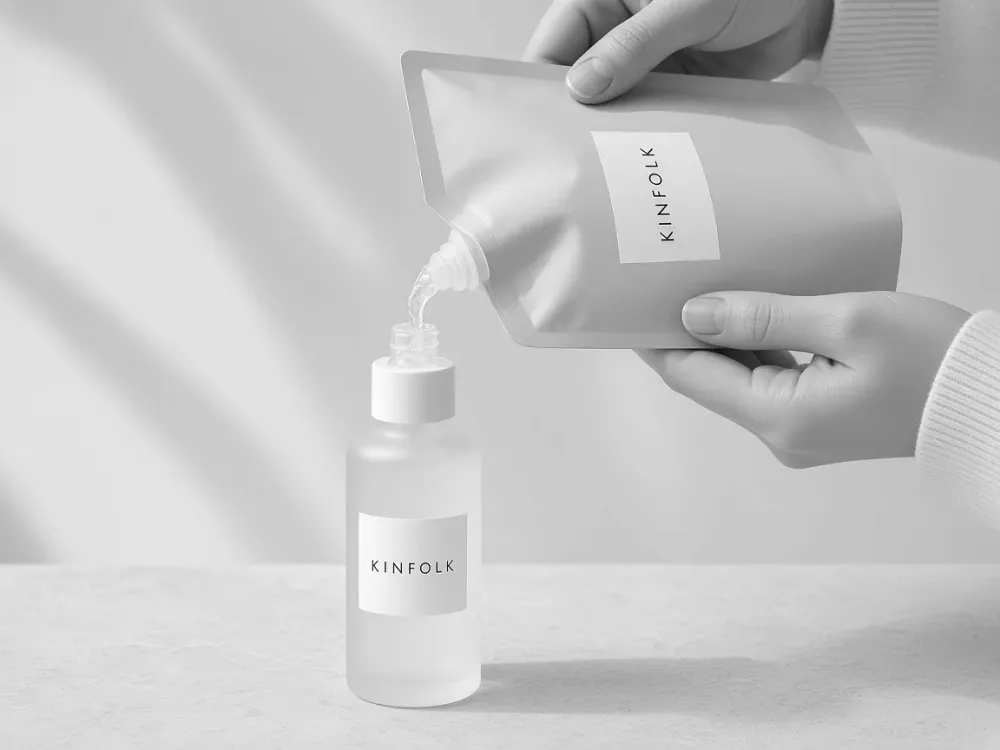 Hands pouring a Kinfolk refill pouch into a frosted glass bottle