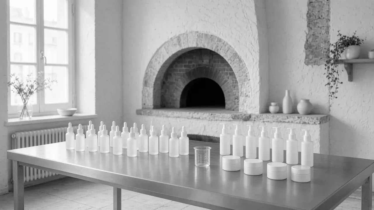 The Kinfolk workshop in a former bakery: a steel worktable with rows of frosted bottles and jars in front of the old brick bread oven